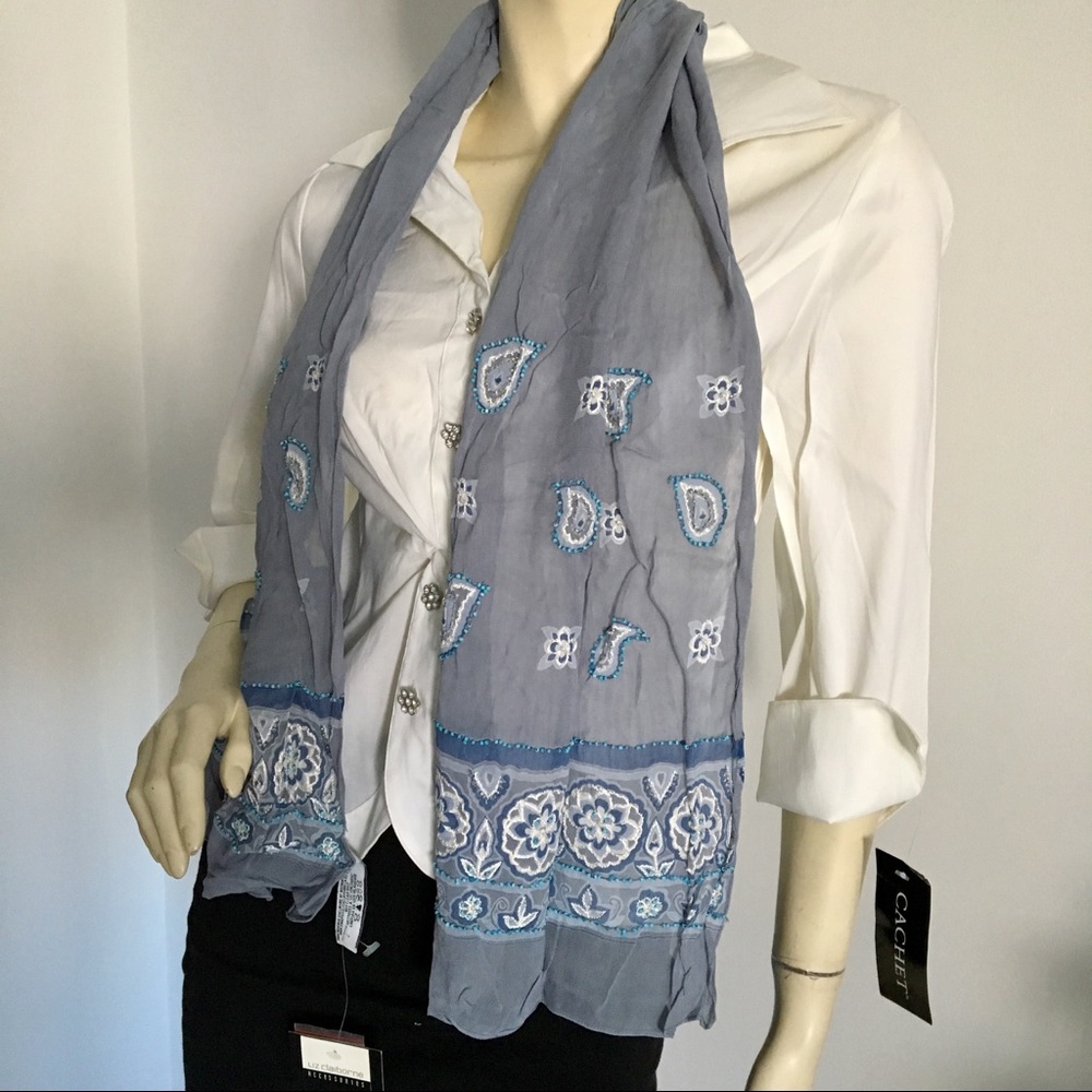 Liz Claiborne blue paisley printed scarf with beading